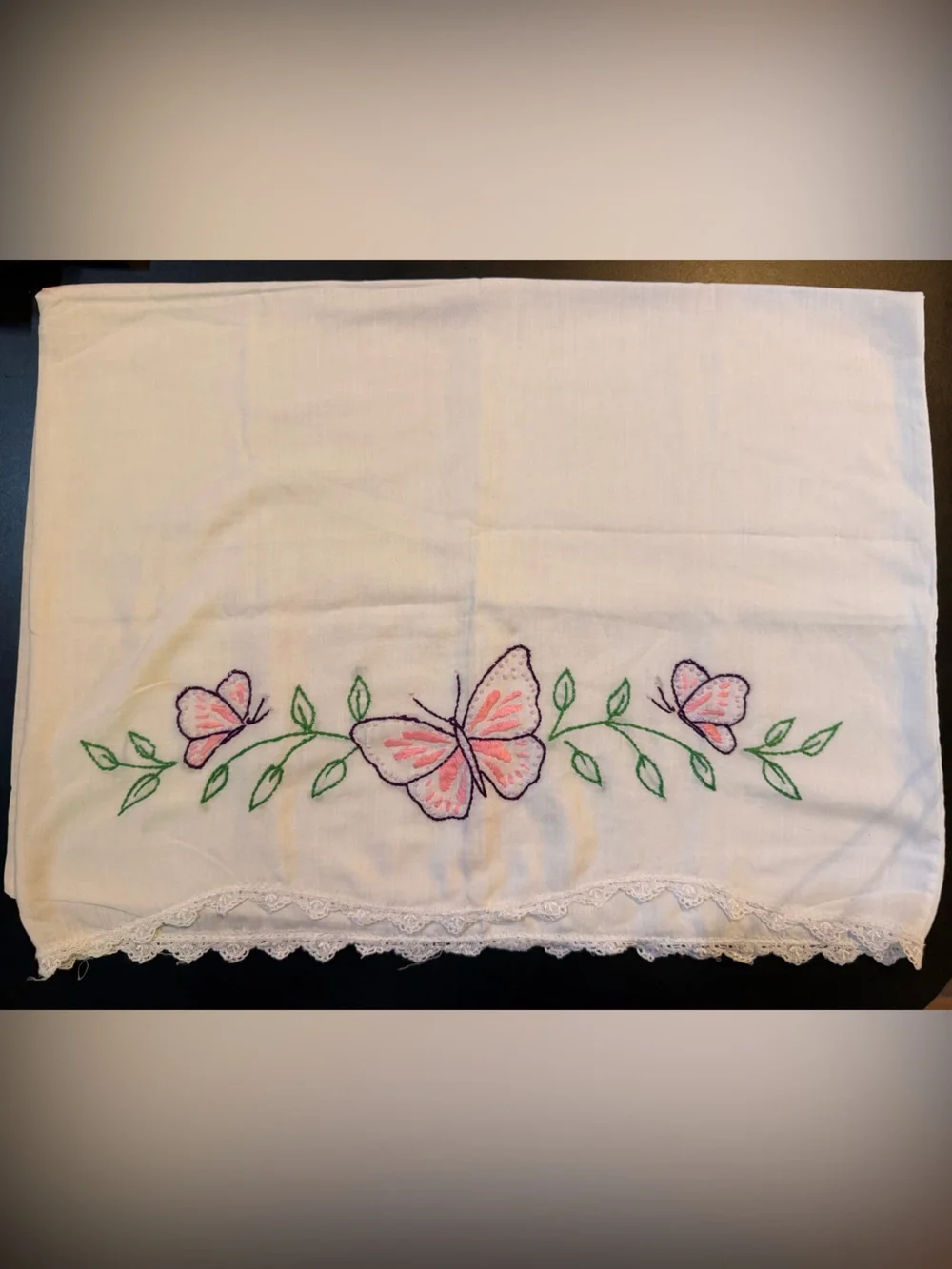 Hand-Embroidered Cream Pillowcase with Pink Floral Detail